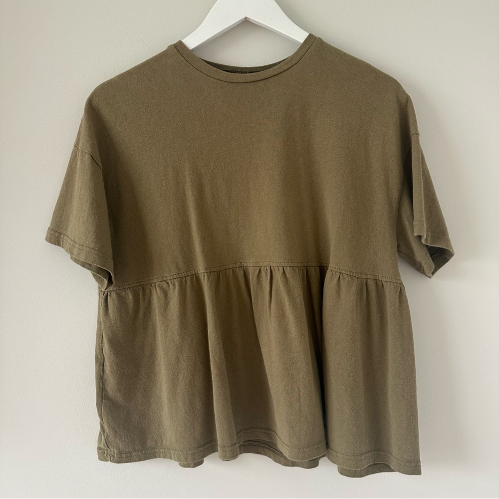 Women’s Olive Green Peplum Short Sleeve Blouse Top Casual Womens Size Small Boho